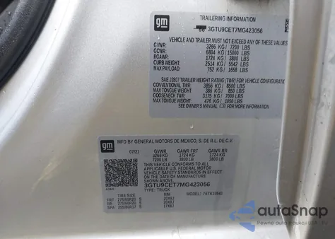 2021 GMC Sierra 4Wd Short Box Elevation from USA, damaged, VIN 3GTU9CET7MG423056